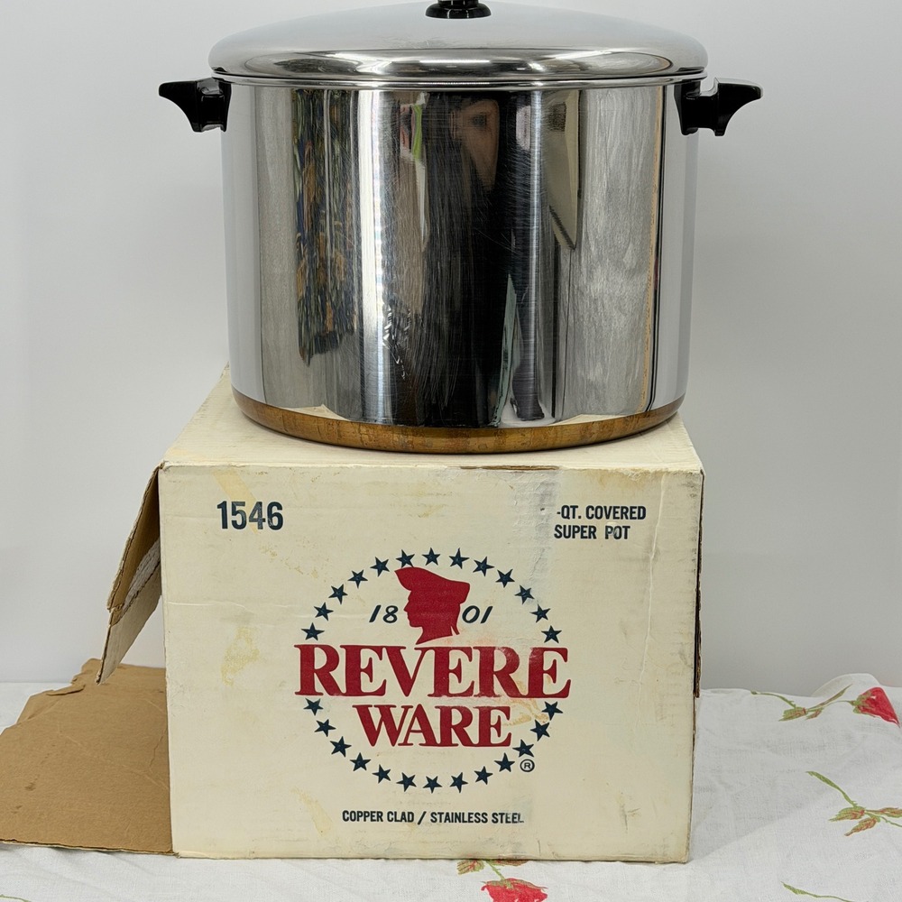 Vintage Revere Ware 16 Qt Copper Clad Stainless Steel Stock Pot with Lid 1546